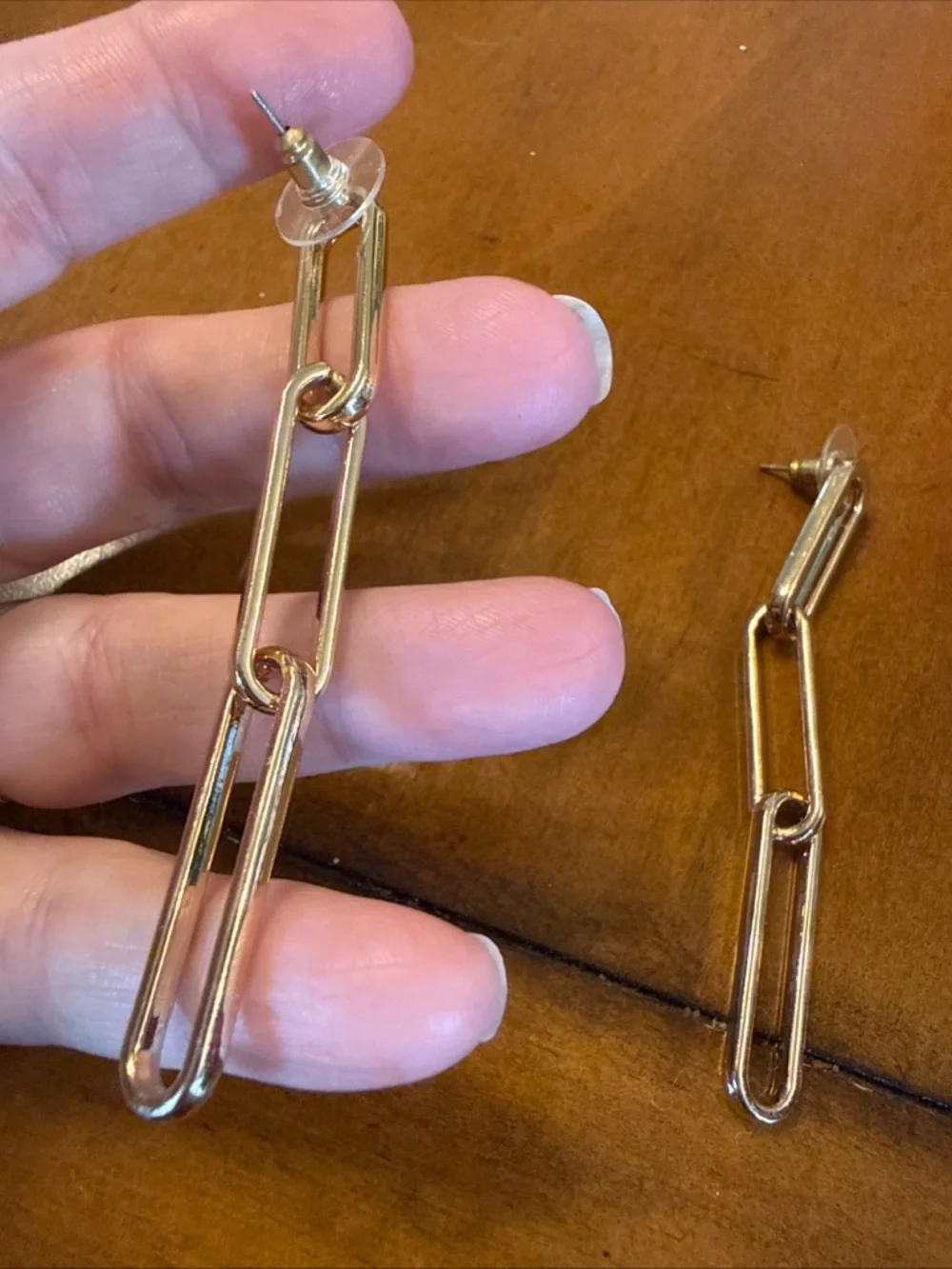 Gold Tone Paperclip Style 3 Link Post Earrings - Picture 4 of 5